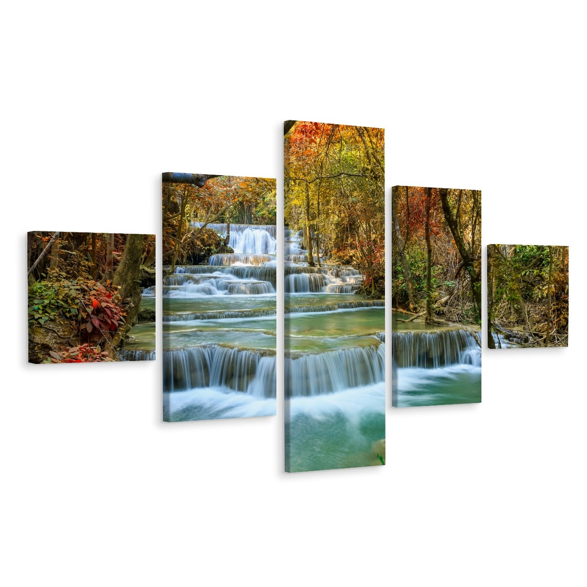 Schilderij - Prachtige waterval in het herfst bos, aanrader van het Karo-art team, 5 luik, premium print Top Merken Winkel